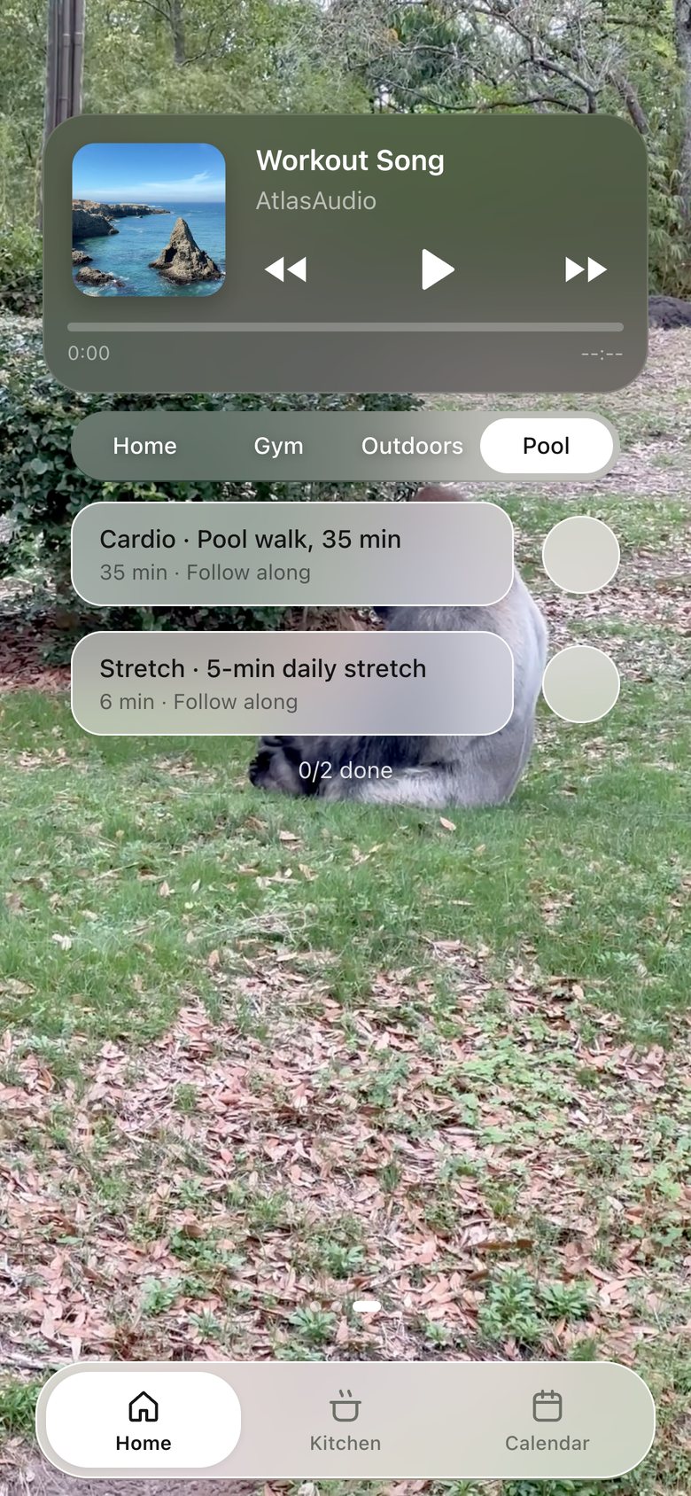 Home · Workout, version 6: A Home · Gym · Outdoors · Pool switch above the tasks; every task opens its plan and a follow-along video.
