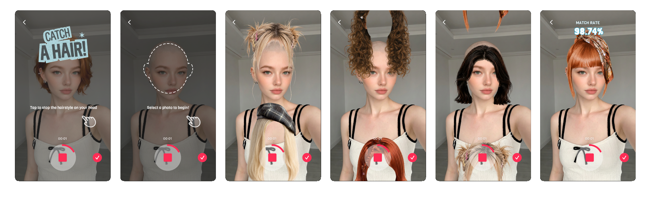 Catch a Hair user flow showing onboarding, photo selection, hairstyle previews, and a match-rate result