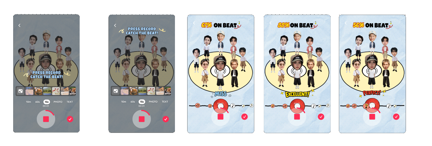 Friends on Beat user flow showing the group setup, recording prompt, rhythm track, and three timing results